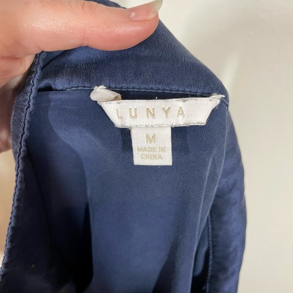 Lunya Washable Silk Cropped Button Down Pajama Lounge Top in Deep Blue - Picture 10 of 14